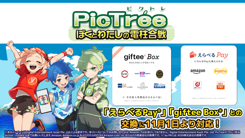 The social contribution game "PicTrée" adds "Eraberu Pay®" and "giftee Box®" as reward exchange options.