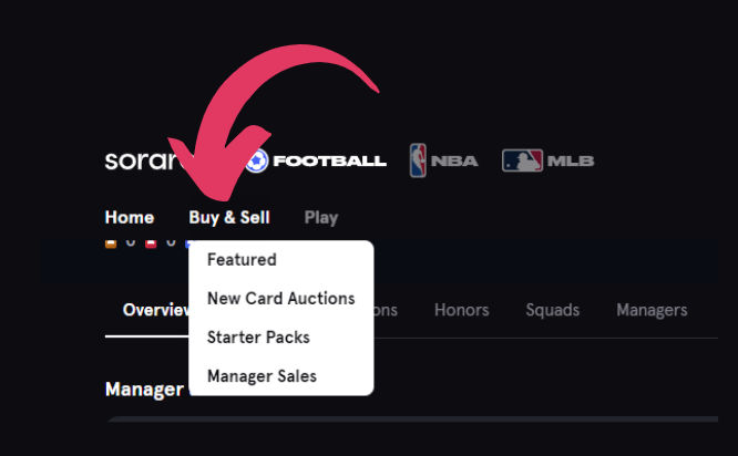 sorare official website Menu of player card trading