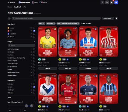 sorare official website Game Screenshot Buy and Sell Player Cards (New Card Auction)