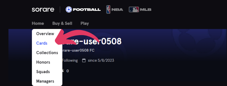sorare official website Game screen Sell player cards Step 1: Select the "Card" menu.
