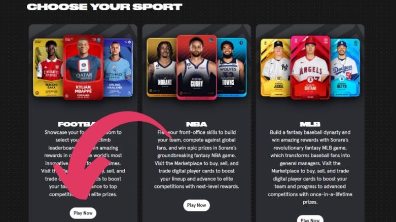 sorare official website Game start screen Select "Play Now" for "FOOTBALL