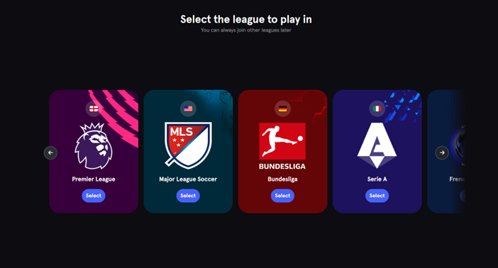sorare official website Game start screen Select a league to play