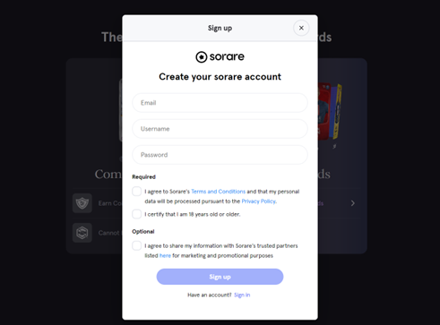 sorare official website Game Screenshot Sign Up